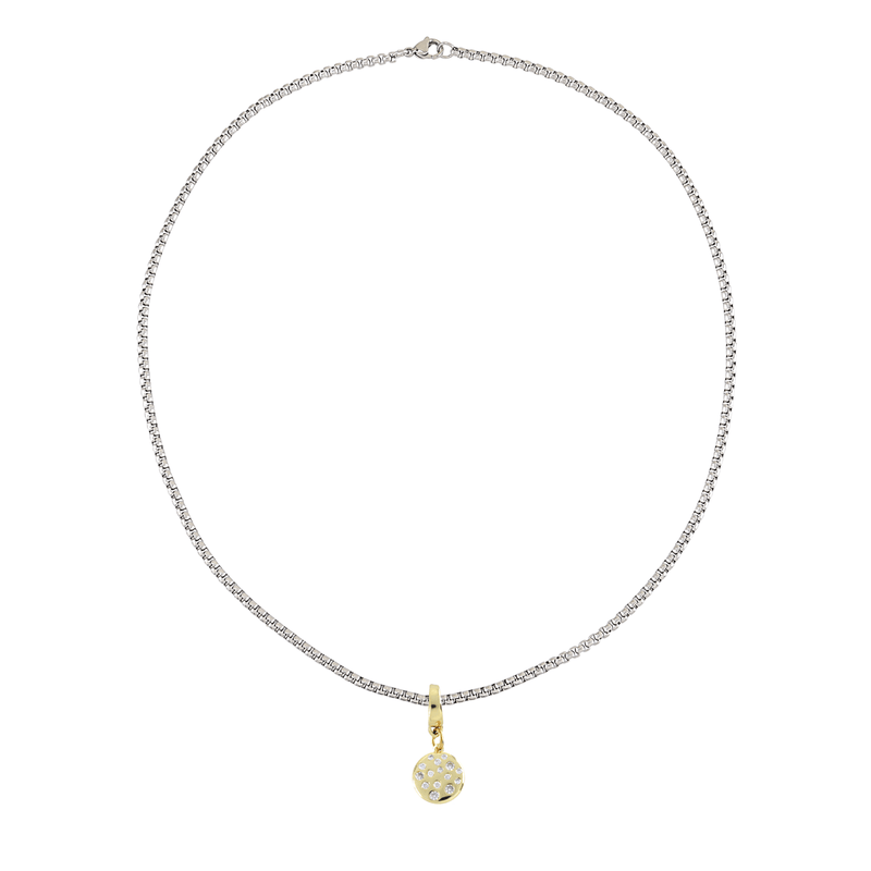 Stainless steel chain with the Dalmatian Bulky Charm which is made of 18K gold plated sterling silver with encrusted zirconia circle charm.