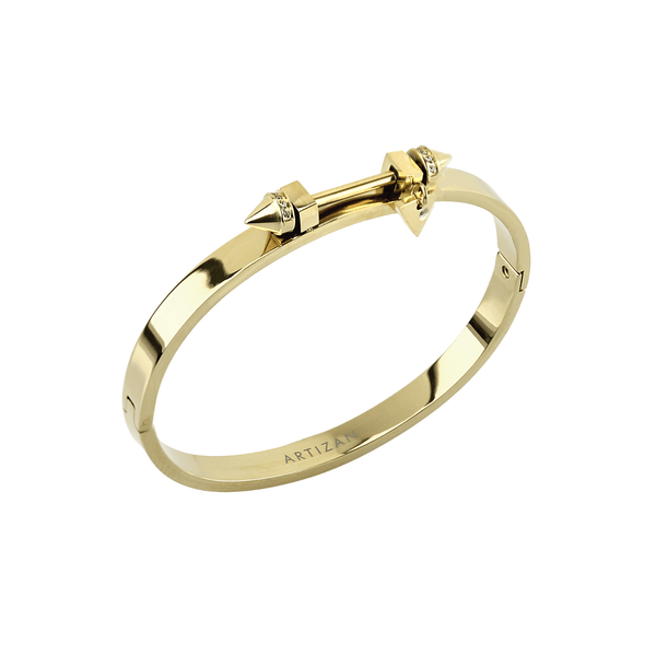 The Sasha's bangle made of 18K gold plated 316L Stainless steel. It has a bar design on top with two spikes on each end. It has zirconia details and triangle charm as well.