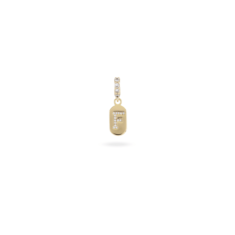 The LETTER JUST CLICK CHARM which is made of gold filled encrusted zirconia letter "F" initial.