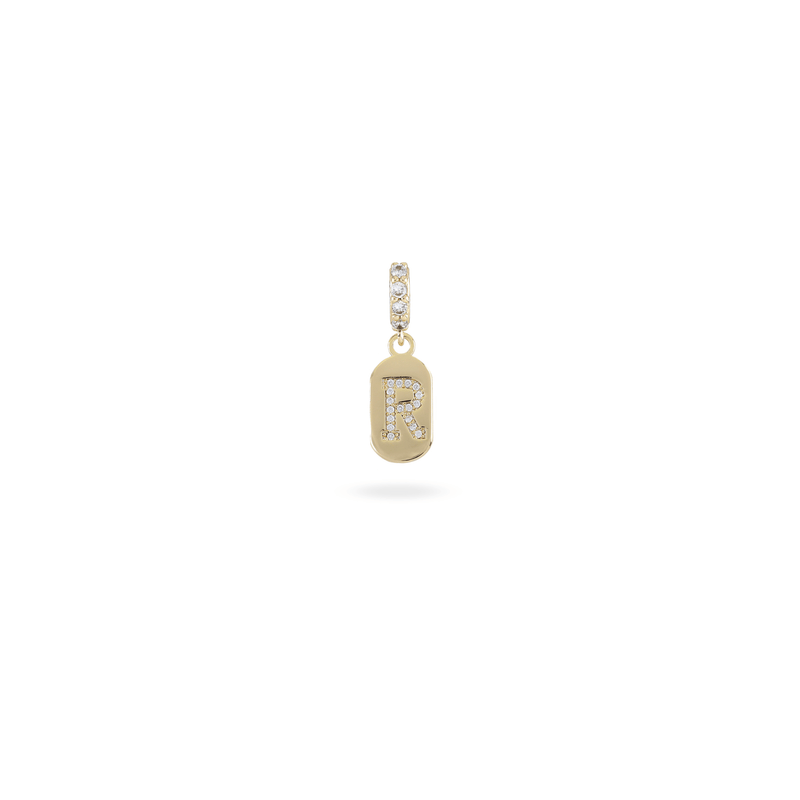 The LETTER JUST CLICK CHARM which is made of gold filled encrusted zirconia letter "R" initial.