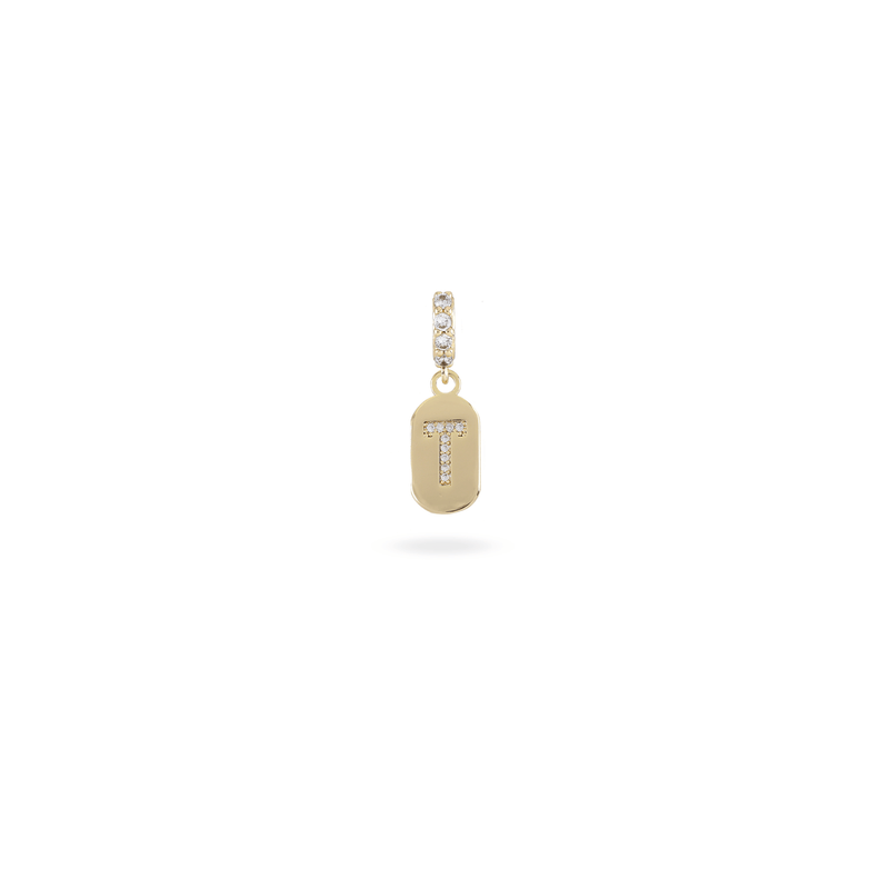 The LETTER JUST CLICK CHARM which is made of gold filled encrusted zirconia letter "T" initial.