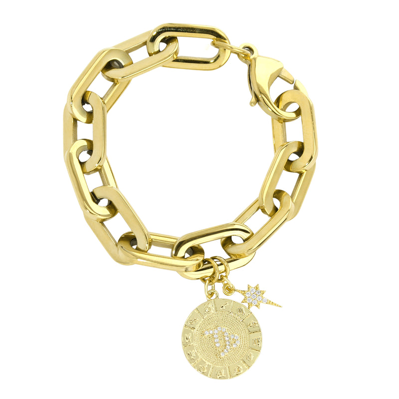 The ZODIAC PUERTO BRACELET- Capricorn made of 8" Hypoallergenic Gold Plated Stainless Steel chain with 20mm Gold Filled Capricorn Zodiac Charm with Micro Pave Constellation