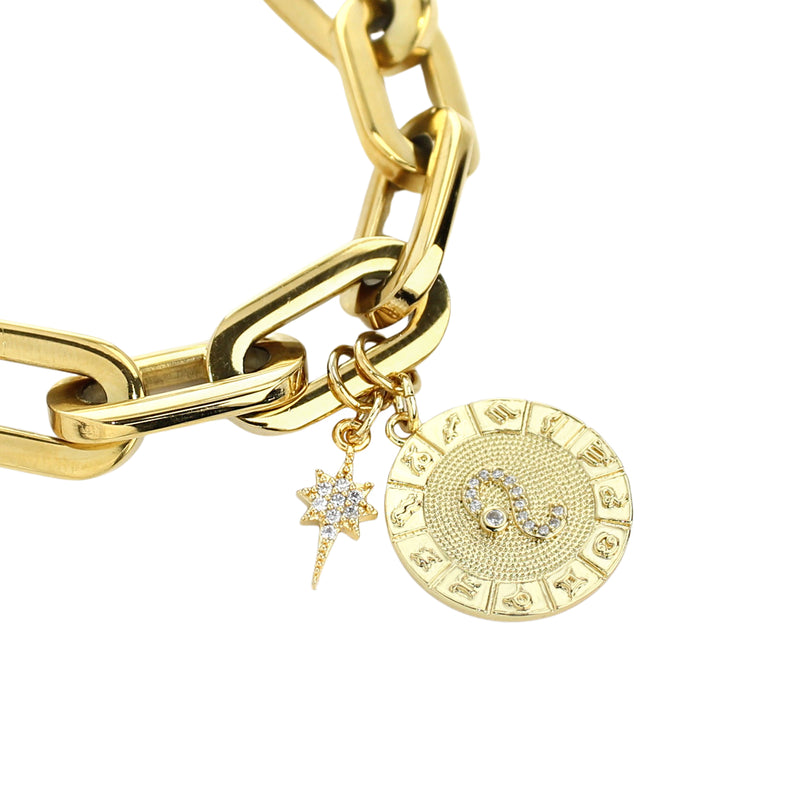 The ZODIAC PUERTO BRACELET- Leo made of 8" Hypoallergenic Gold Plated Stainless Steel chain with 20mm Gold Filled Leo Zodiac Charm with Micro Pave Constellation.