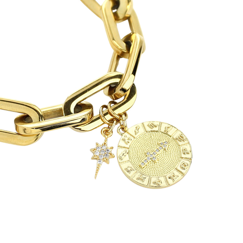 The ZODIAC PUERTO BRACELET- Sagittarius made of 8" Hypoallergenic Gold Plated Stainless Steel chain with 20mm Gold Filled Sagittarius Zodiac Charm with Micro Pave Constellation