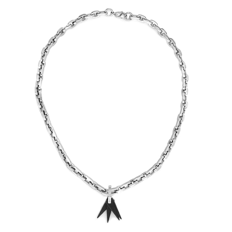 17 inches silver chain necklace with 5 black Triangle charms & Zirconia stacked together into a one charm. 
