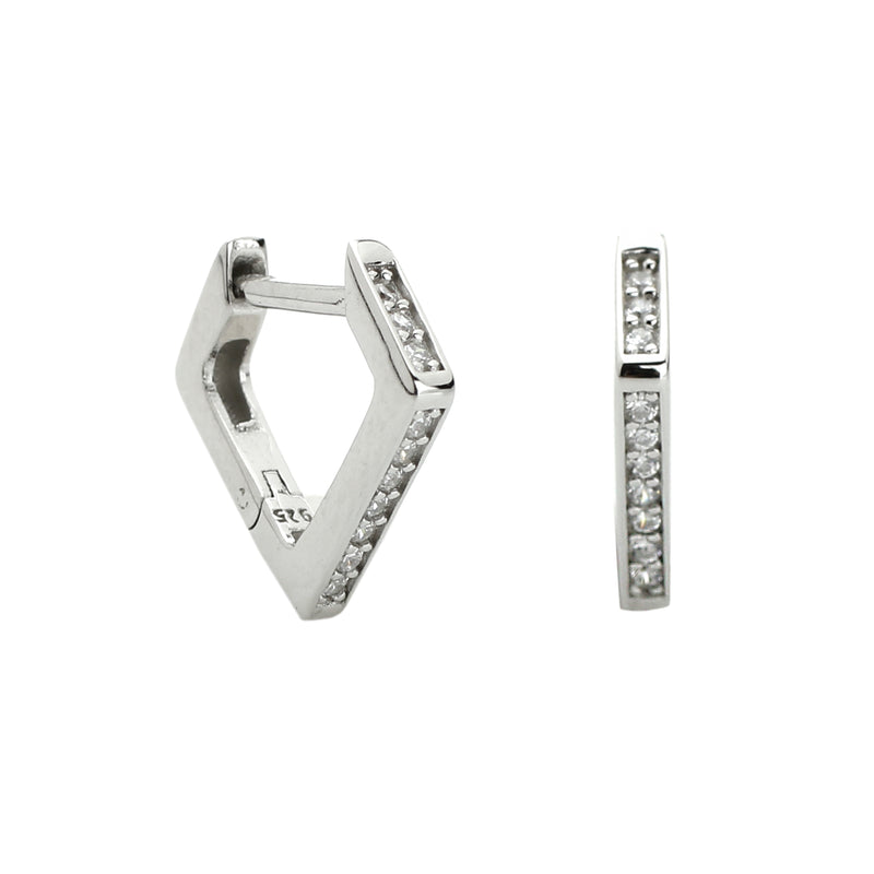 The TRIANGULO HUGGIES which is made of 925 sterling silver triangular shaped earrings covered with cubic zirconia. The width is 13.mm / 0.5in and has a drop of 11mm / 0.4in.