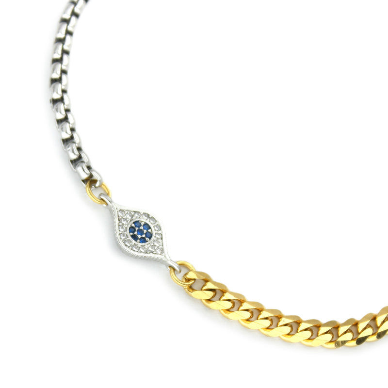 CREMA BLENDED BRACELET which is made of Half  stainless steel chain and Half stainless steel 18k gold plated chain, 7" length with 18k gold plated zirconia evil eye pendant