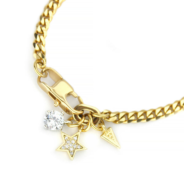 The MAROCCHINO BLENDED BRACELET is a 7" bracelet made of stainless steel 18k gold plated chain and comes with a Zirconia solitaire pendant and an 18k gold plated spike charm.