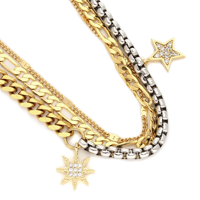 UP HIGH NECKLACE SET which comes with three necklaces made of 18k Gold plated Stainless steel chain. One is a thin gold necklace with a star zirconia pendant, gold plain chain and half silver and gold chain with a sunburst zirconia pendant.