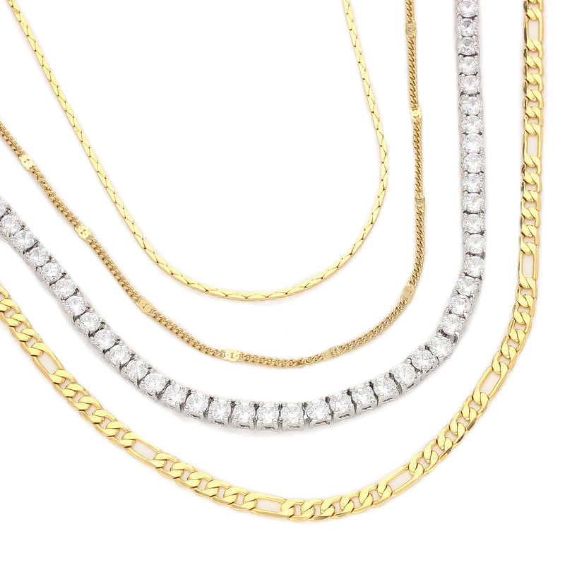 I DO NECKLACE SET is a 4 piece layered set which comes with two 18k Gold plated Stainless steel chains  and a Tennis necklace and another short thin gold necklace.