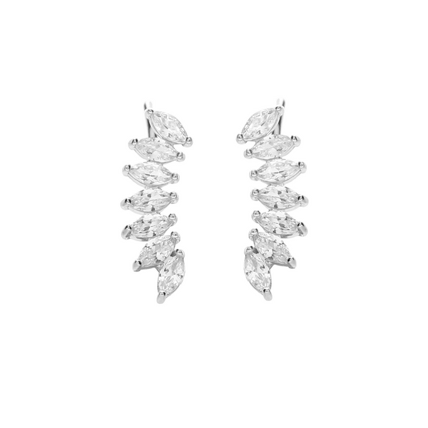 The Positano Earrings is a pair of of 925 sterling silver and Cubic zirconia climber earrings. The climber earrings are each made of 7 leaf-shaped cubic zirconia stones.