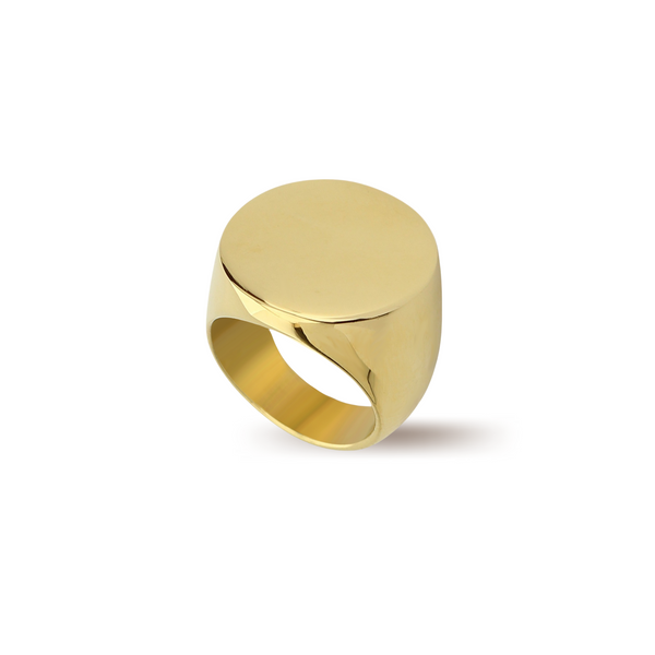 The SOLO GOLD RING which is made of an 18k Gold plated Stainless steel. It's an oversized flat oval shaped ring.