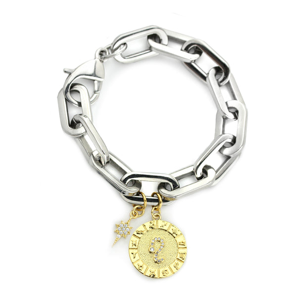 The ZODIAC PUERTO BRACELET- Leo made of 8" Hypoallergenic Rhodium Plated Stainless Steel chain with 20mm Gold Filled Leo Zodiac Charm with Micro Pave Constellation.