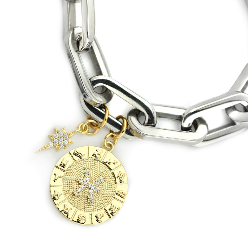 The ZODIAC PUERTO BRACELET- Pisces made of 8" Hypoallergenic Rhodium Plated Stainless Steel chain with 20mm Gold Filled Pisces Zodiac Charm with Micro Pave Constellation