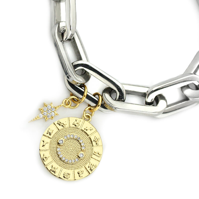 The ZODIAC PUERTO BRACELET- Cancer made of 8" Hypoallergenic Rhodium Plated Stainless Steel chain with 20mm Gold Filled Cancer Zodiac Charm with Micro Pave Constellation.
