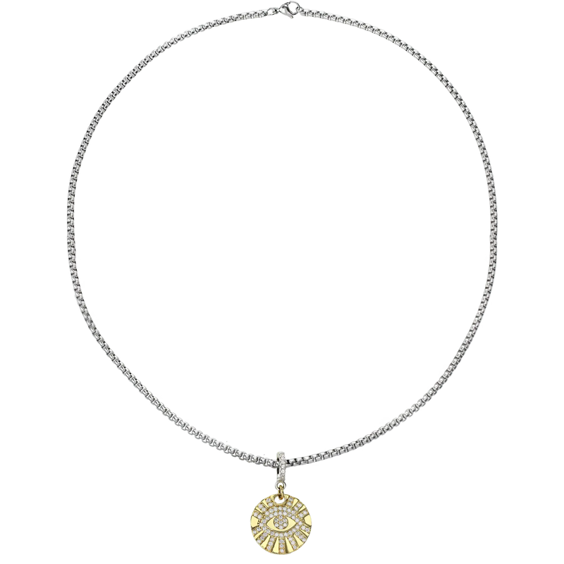 Stainless steel chain with the EVIL EYE 2 BOLT CLIP ON CHARM which is made of Pave Clip on Stainless steel 18k gold plated Zirconia Evil Eye.