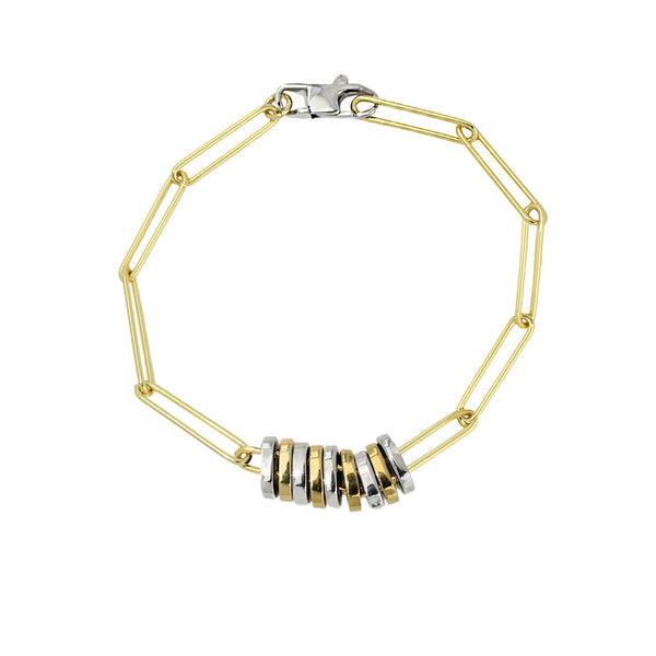 THE LINK BRACELET which is a 925 sterling silver 18K gold plated bold link chain that is 16" long. It has a stainless steel clasp and 9 stainless steel 18k gold plated link charms 