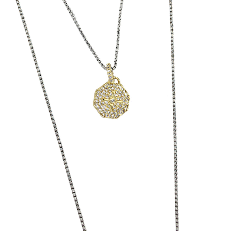 Stainless steel Rhodium plated chain with a dainty gold filled octagon shaped charm.