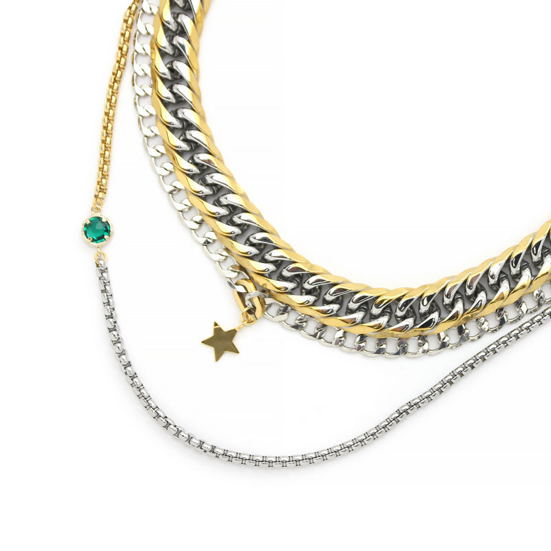 3 piece Emerald and Mix set which comes with a half gold and half silver thin chain with green emerald stone in the center, silver chain with star pendant, and chunky Mix chain which is a mix of gold and silver.