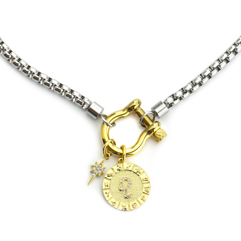 The Leo Herradura Zodiac Necklace which is made of 18” Hypoallergenic Rhodium Plated Stainless Steel chain with 18K Gold Plated Horseshoe clasp and miniature star pendant and circular star sign micro pave Leo constellation charm.