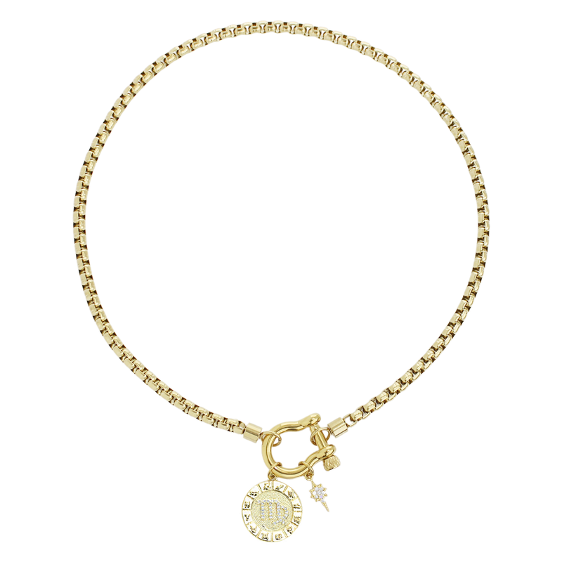 The Virgo Herradura Zodiac Necklace which is made of 18” Hypoallergenic Gold Plated Stainless Steel chain with 18K Gold Plated Horseshoe clasp and miniature star pendant and circular star sign micro pave Virgo constellation charm.
