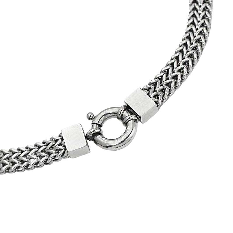 The MARINERO CHAIN which is a stainless steel, 17 inches and 0.39" wide choker necklace that has a braided chain design.