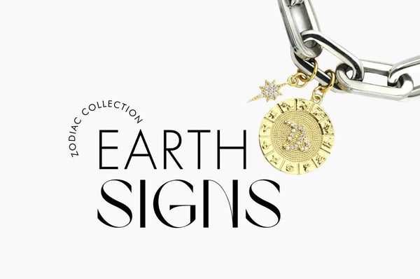 Close up of an Artizan Necklace of a Zodiac Sign showing text that reads "Zodiac Collection Earth Signs"
