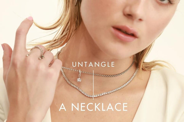 Woman featuring Artizan necklaces and showing a text that reads "Untangle a Necklace"