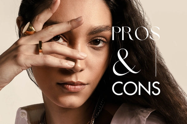 Woman showing two different Artizan yellow gold rings and showing text that reads "Pros & Cons"
