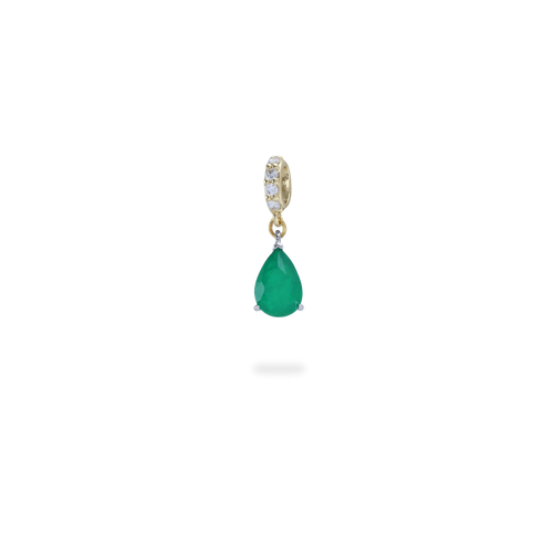 The Emerald Teardrop Clip On Charm, a gold charm featuring a single teardrop-shaped emerald. ||| GOLD