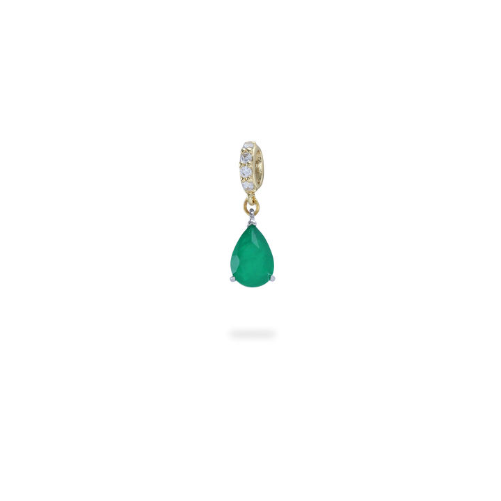 The Emerald Teardrop Clip On Charm, a gold charm featuring a single teardrop-shaped emerald. ||| GOLD