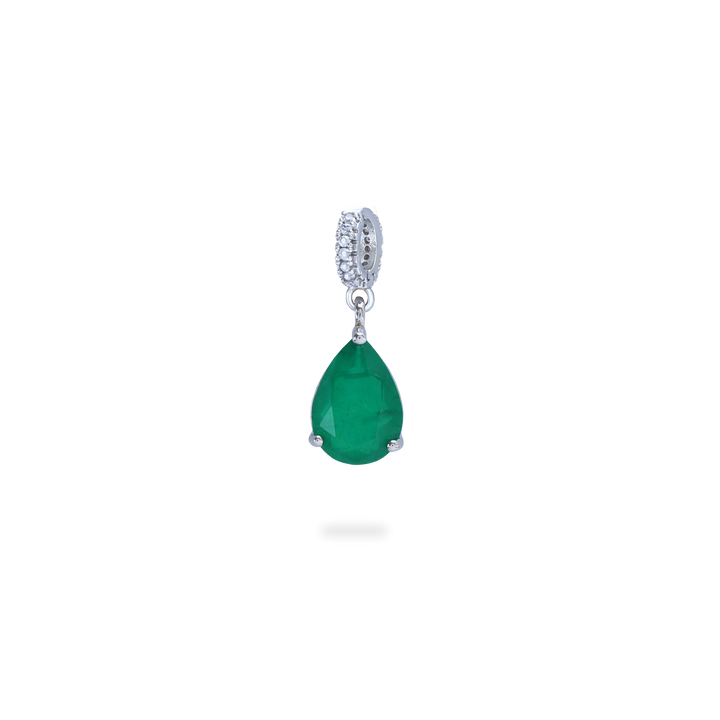 The Emerald Teardrop Clip On Charm, a silver charm featuring a single teardrop-shaped emerald. ||| SILVER
