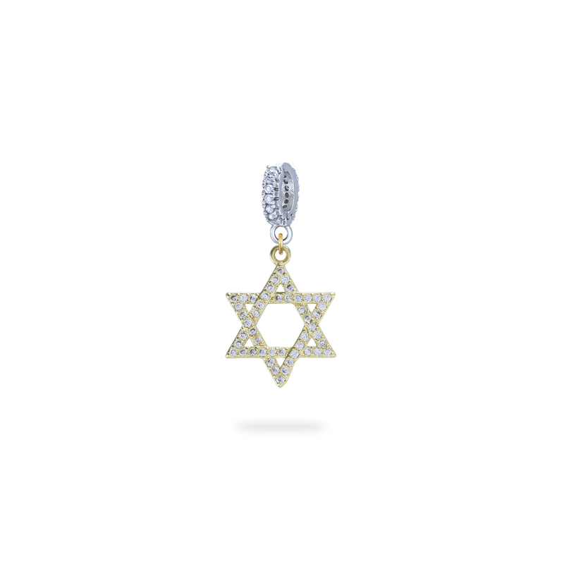 The Gold David’s Star Charm  which is a Six-Pointed Star-Shaped Gold Charm with Diamond Accents.