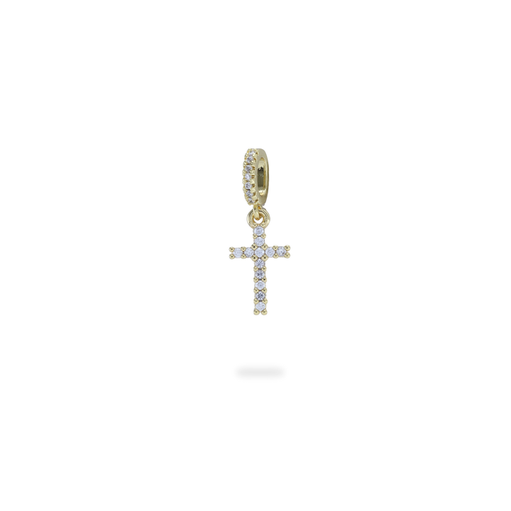 The Cross Clip On Charm, a gold charm featuring a cross design accented with pave diamonds. ||| GOLD