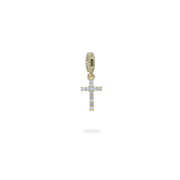 The Cross Clip On Charm, a gold charm featuring a cross design accented with pave diamonds.