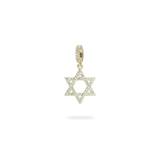 The Gold David’s Star Charm  which is a Six-Pointed Star-Shaped Gold Charm with Diamond Accents. ||| GOLD