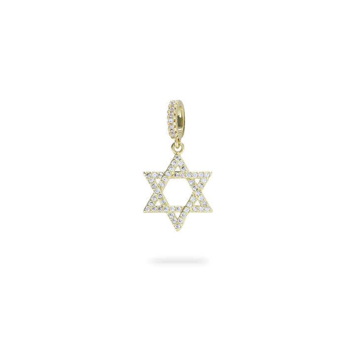 The Gold David’s Star Charm  which is a Six-Pointed Star-Shaped Gold Charm with Diamond Accents. ||| GOLD