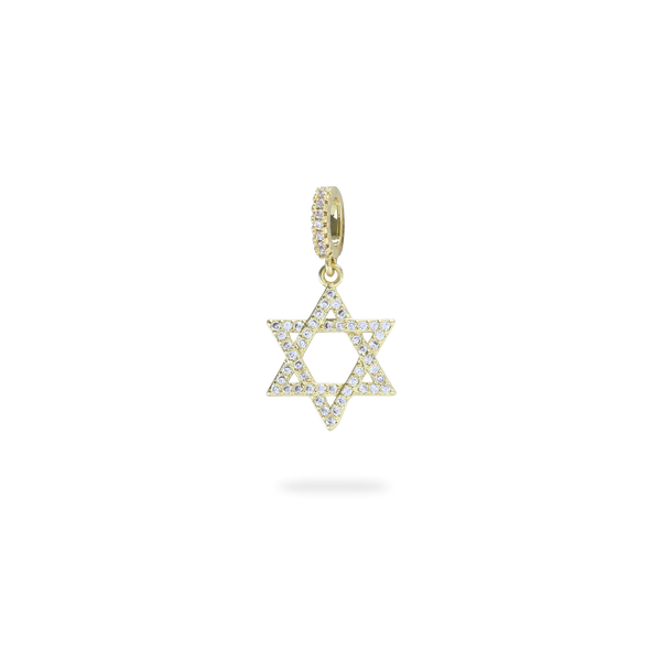 The Gold David’s Star Charm  which is a Six-Pointed Star-Shaped Gold Charm with Diamond Accents.