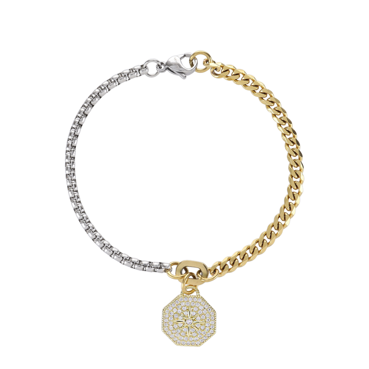 The CAPPUCCINO BLENDED BRACELET is a unique Can Opener Mixed Chain Bracelet featuring a combination of silver and gold links. This versatile piece includes a NORTH CLIP charm adorned with sparkling diamonds. 