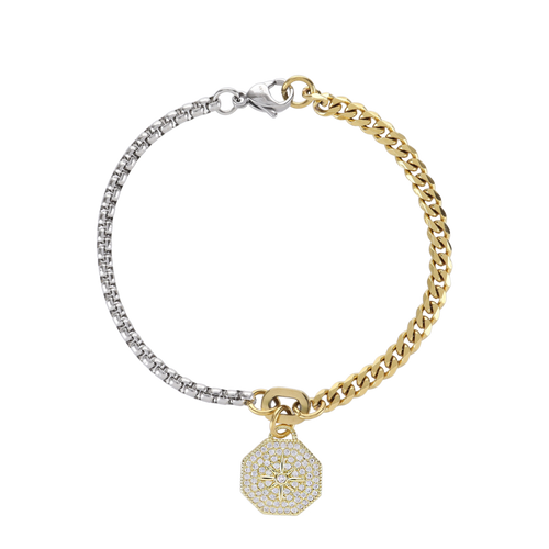 The CAPPUCCINO BLENDED BRACELET is a unique Can Opener Mixed Chain Bracelet featuring a combination of silver and gold links. This versatile piece includes a NORTH CLIP charm adorned with sparkling diamonds. 