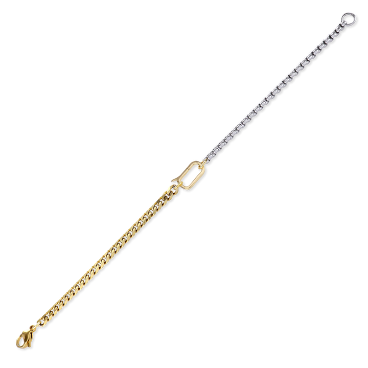 Unique Can Opener Mixed Chain Bracelet featuring a combination of silver and gold links, with gold can opener clasp creating a bold and stylish statement. ||| MIX