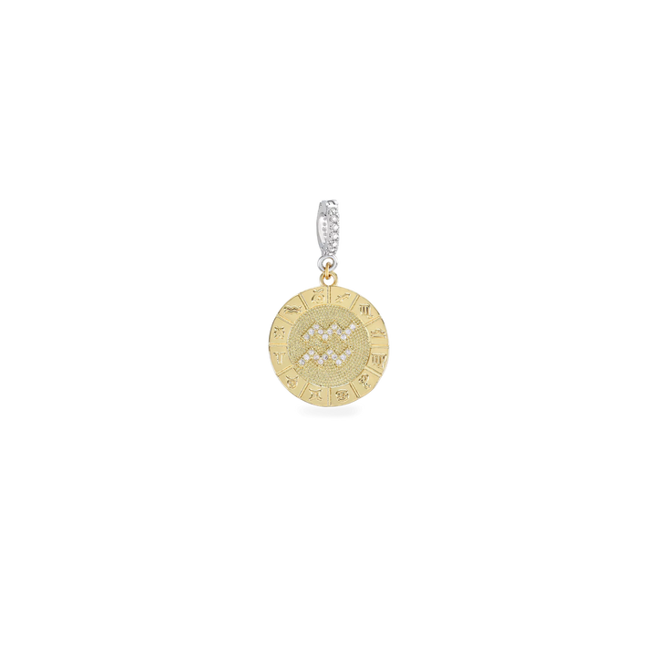 The Zodiac Clip On Charm, a gold charm with the Aquarius zodiac symbol and cubic zirconia accents. ||| AQUARIUS/MIX