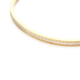 The DUST BANGLE, which is a single gold bracelet, features a sleek and minimalistic design adorned with a row of sparkling stones for an added touch of elegance. This timeless piece is perfect for layering or wearing solo, offering a refined and versatile look. ||| GOLD