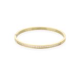 The DUST BANGLE, which is a single gold bracelet, features a sleek and minimalistic design adorned with a row of sparkling stones for an added touch of elegance. This timeless piece is perfect for layering or wearing solo, offering a refined and versatile look. ||| GOLD