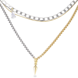 The Spike Trio Set, which is a three-piece layered necklace set featuring gold and silver chains with a mix of bold spike and charm pendants, offering a modern and edgy design perfect for versatile styling