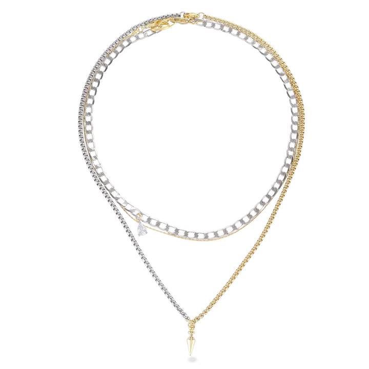 The Spike Trio Set, which is a three-piece layered necklace set featuring gold and silver chains with a mix of bold spike and charm pendants, offering a modern and edgy design perfect for versatile styling