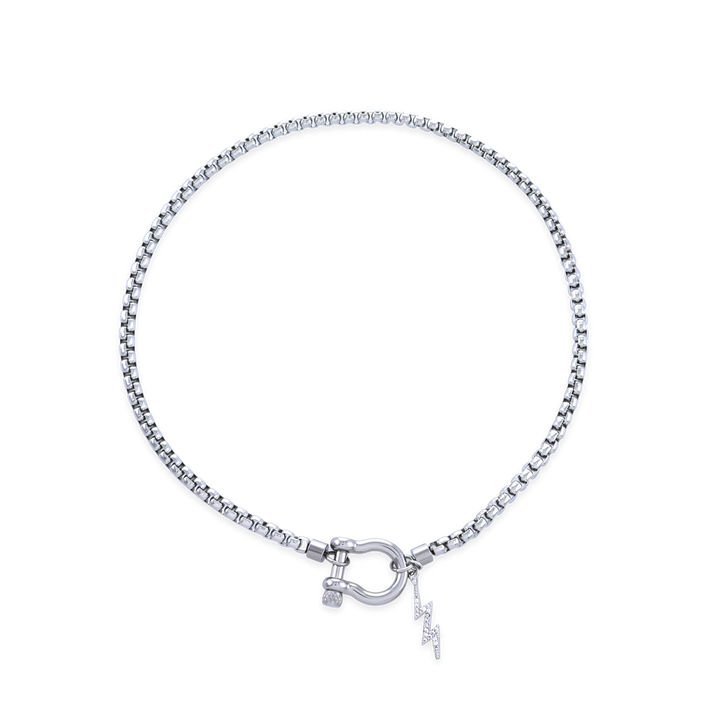 The Herradura Thunder Necklace - Silver, a silver necklace with a lightning bolt charm and a unique horseshoe clasp.