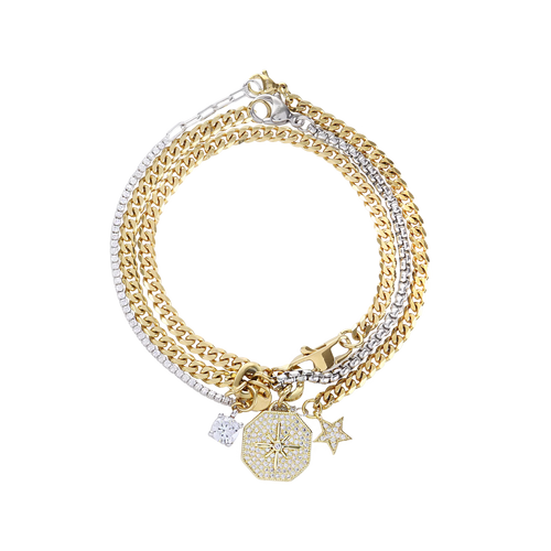 The BLENDED SHINE SET, a stylish three-piece bracelet set featuring a mix of gold and silver chains with sparkling diamond accents and delicate star, north star charms.