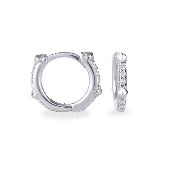 The Touch Spike Hoop, a silver hoop earring with a unique spike design and accents of sparkling cubic zirconia stones.