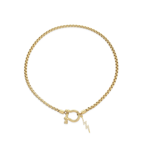 The Herradura Thunder Necklace - Gold, a gold necklace with a lightning bolt charm and a unique horseshoe clasp.